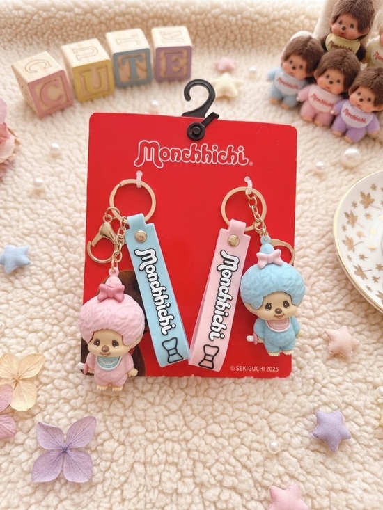 Monchhichi Accessories - Monchhichi Pastel Pink & Blue Keychain Duo - Cute Card Holder Charms